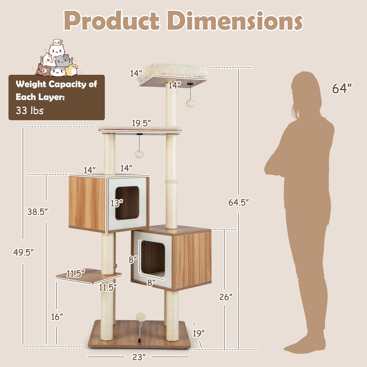 Modern Wooden Cat Tree with Perch Condos and Washable Cushions-Natural